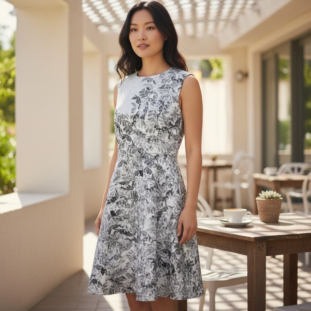 Karl Lagerfeld Monochrome Leaf Print Midi Dress Size 8